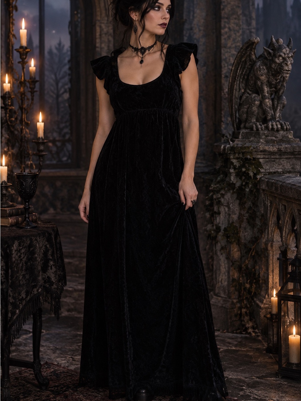 Vintage 1960s Mindy Malone black Velvet Maxi Gothic Dress